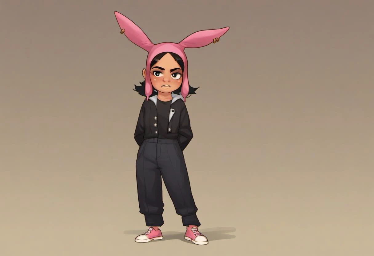 source_cartoon, rating_safe, <lora:Louise_Belcher_for_PonyXL:0.9>, louise_belcher, black suit, sunglasses, flat chest, ear piece, standing on a city street, looking at viewer, hands behind back, emotionless, score_9, score_8_up, score_7_up, score_6_up, sco...