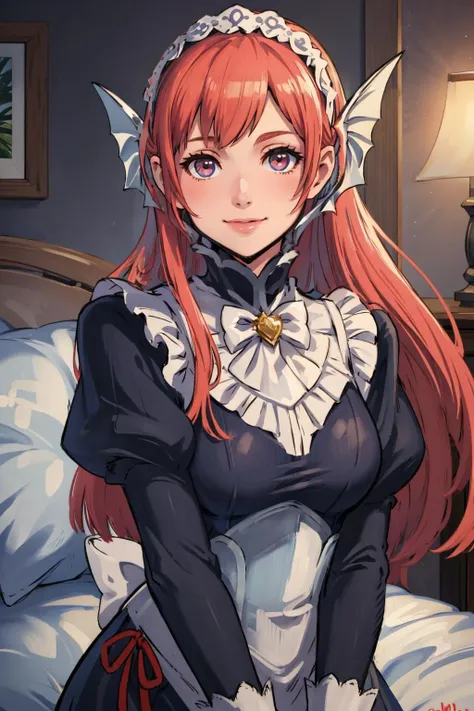 a close up of a woman in a maid outfit sitting on a bed