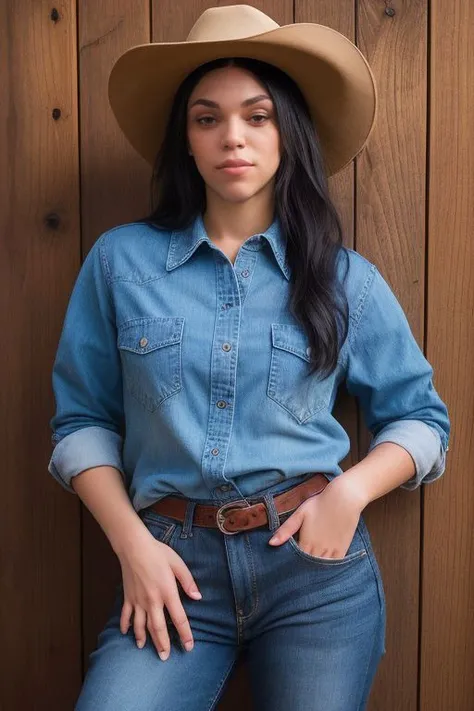 DEN_octokuro_MK2,
country beauty posing against a wooden fence with a plaid shirt and jeans and a cowboy hat, cow girl, country girl, cow girl,
bokeh, f1.4, 40mm, photorealistic, raw, 8k, textured skin, skin pores, intricate details  <lora:epi_noiseoffset2...