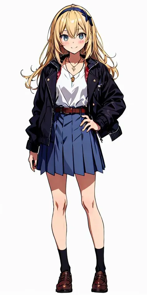 minazuki natuki,solo,1girl,<lyco:minazuki natuki:0.5>,1girl, solo, blonde hair, long hair, blue eyes, skirt, jacket, ahoge, brown footwear, hairband, smile, blush, white background, full body, simple background, looking at viewer, jewelry, blue skirt, neck...