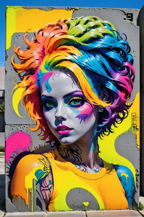 graffiti women in the style of tom whalen, rainbow hair<lora:- SDXL - conrtneo _neon-concrete _V2.0:1> conrtneo, neon, concrete, <lora:EnvyBetterHiresFixXL01:1>, masterpiece, best quality, ultra high res, (photorealistic, realistic:1.2), deep shadow, raw p...