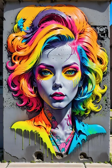 a colorful painting of a woman with bright hair and bright makeup