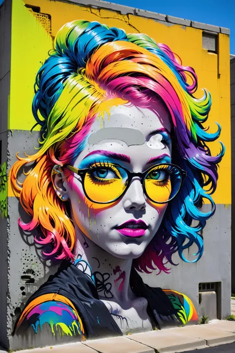 a large colorful mural of a woman with glasses on a building