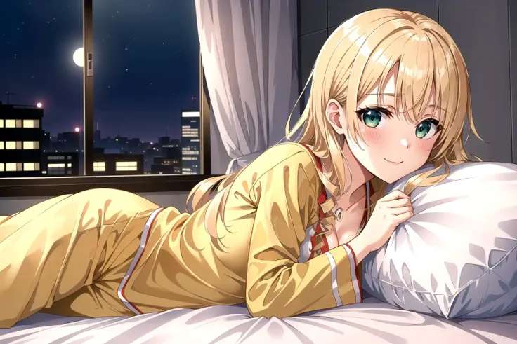 masterpiece, (best qulaity:1.3), 8K, wallpaper, depth of field, beautiful detailed eyes, (1girl, miura yumiko, long hair, (green eyes), blonde hair, straight hair,, pillow, lying, window, (night sky:1.2), cityscape, window, indoors, (from side, on side:1.2...