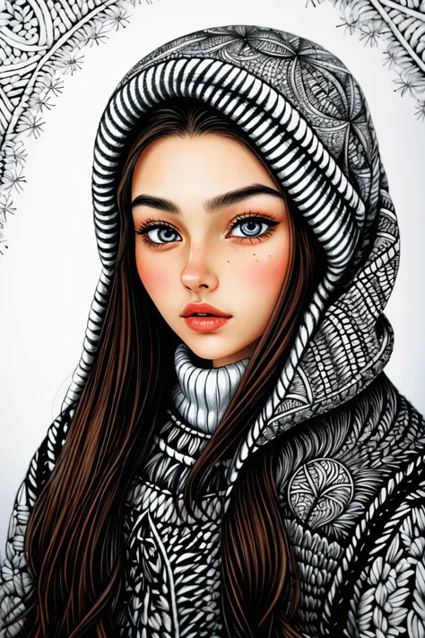 a drawing of a girl with a hoodie and a scarf