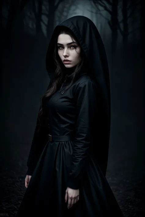 a woman in a black dress and hoodie standing in the dark