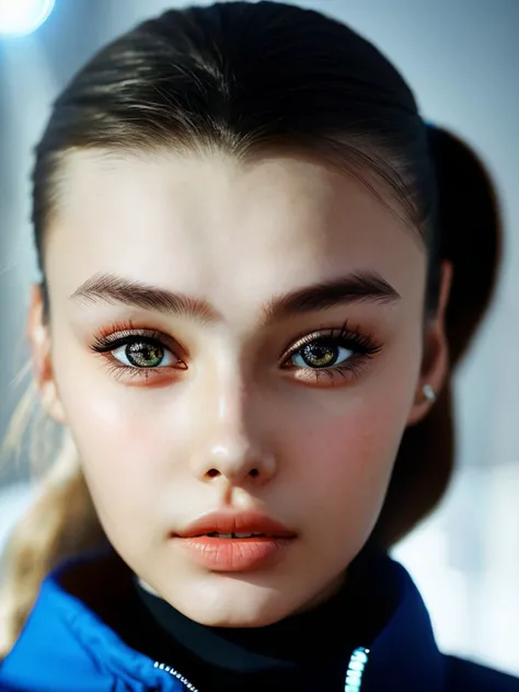 photo of <lora:sd15_KadritskayaBogdasha_v1.0:.9> KadritskayaBogdasha, focus on eyes, close up on face, hair styled as double ponytail, lens flare