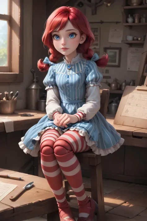 a close up of a doll sitting on a chair in a room