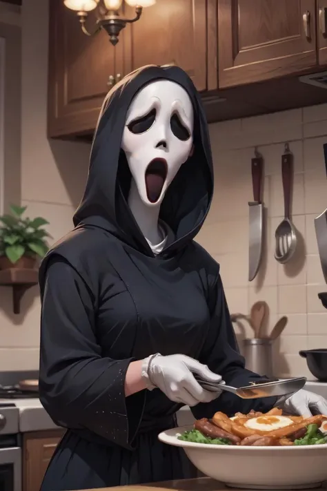 a woman in a black robe and white mask holding a bowl of food