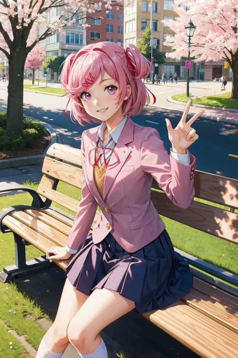 <lora:ddlcnatsukitest:0.8> ddlcnatsuki, solo, pink hair, short hair, pink eyes , eyelashes , hair ornament, ribbon, two side up, hairclip, school uniform, skirt, long sleeves
(smiling , happy , selfie:1.2) hand gesture
outside ,city park , benches , lamp p...