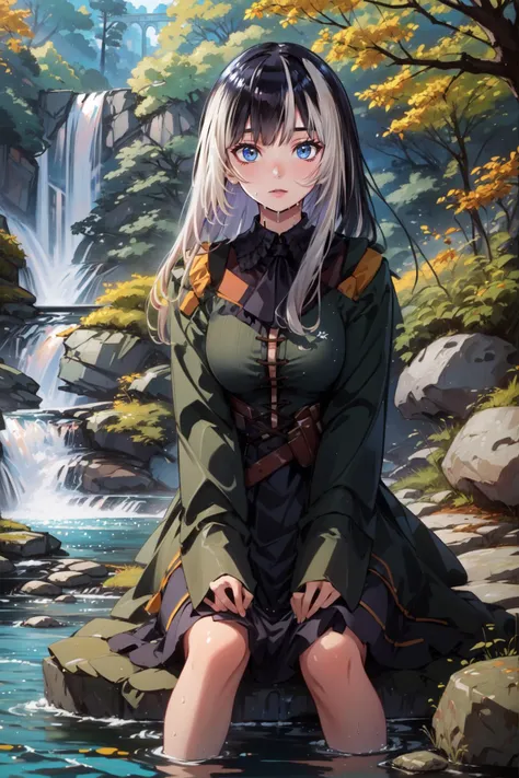 (masterpiece, best quality),  intricate details,
1girl,    <lora:juufuuteiradenn:0.8>  juufuuteiradenn, 
sitting, river, rocks, waterfall, wet clothes, wet hair,