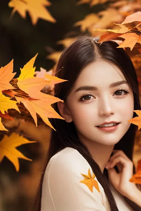 best quality, photorealistic, 8k, high res, 1girl, woman,<lora:kww_locon:1>,kww, (in autumn:1.3401), maple tree, falling leaves, (fluttering leaves:1.21551),