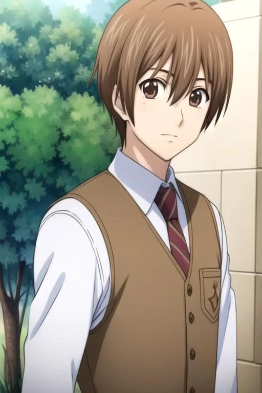 masterpiece, best quality, game cg, 1boy, solo, male focus, looking at viewer, upper body, , anime coloring, realistic, <lora:jun_yamamoto:0.74>, jun_yamamoto, brown hair, brown eyes, vest, , ,