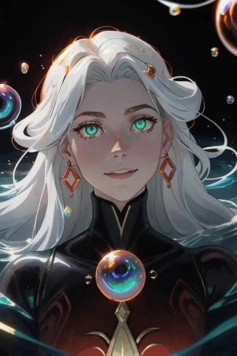 underwater, wave,  sunlit, weak lights and shadows, (copper) and (dark blue) and dark green, anime game, copper, gold, red (iridescent bubbles), black yellow crystal, sliver (chromatic bubbles), close up, 1girl, red glow eyes, white face, red leggings, cop...