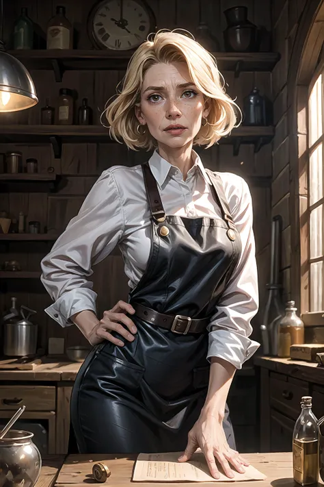 a portrait of a (woman engineer) in her (medieval, fantasy) ((workshop working on a machine)),  blonde,BREAK,  black leather apron, BREAK white shirt
dnd, dungeon and dragons, tools, machine parts, cogs, steampunk,
masterpiece, best quality, 4K, vivid colo...