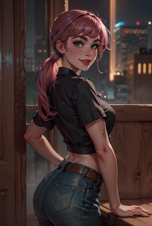 highres, masterpiece, perfect lighting, bloom, cinematic lighting, adult, female, looking at viewer, cowboy shot, side-swept bangs, black hair:pink hair, messy mid ponytail, green eyes, thick eyebrows, freckles, smile