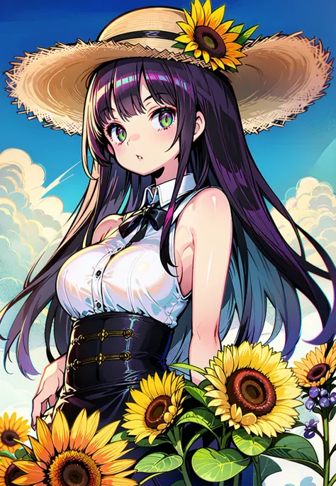 ray tracing,colorful,intricate detail,artbook,flower, 1girl, hat, plant, straw_hat, leaf, lily_(flower), potted_plant, sleeveless, solo, looking_at_viewer, sunflower, hat_flower, breasts, bare_shoulders, bangs, medium_breasts, upper_body, parted_lips,White...