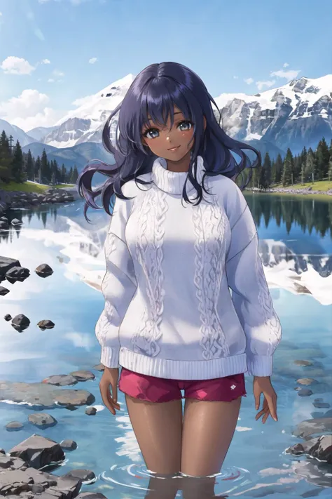 anime girl standing in water with mountains in background