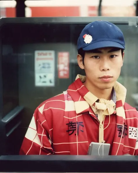 there is a man in a red and white shirt and a blue hat