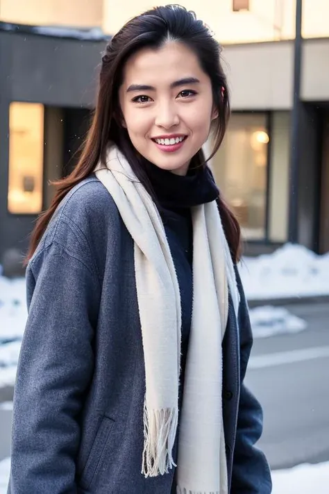 ãã¹ã¿ã¼ãã¼ã PHOTOREALISTIC REALISTIC,masterpiece,best quality,highres,ultra detailed,8k,1woman,looking at viewer,makeup,lipstick,smile,teeth,open mouth,city,winter,snow,cowboy shot,coat,turtleneck,scarf,<lora:wangzuxiannsfw80:0.6>