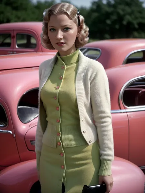 gr3tch3nm01, full body, green eyes, outside 1950s drive in restaurant, posing in the parking lot, 1950s style cars in the background, pink cardigan, white blouse, hairclip, upper body, <lora:Gretchen_Mol_PMv1_Lora:1.3>,, RAW candid cinema, 16mm, color grad...