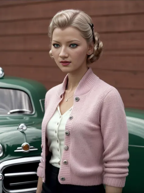 gr3tch3nm01, full body, green eyes, outside 1950s drive in restaurant, posing in the parking lot, 1950s style cars in the background, pink cardigan, white blouse, hairclip, upper body, <lora:Gretchen_Mol_PMv1_Lora:1.3>,, RAW candid cinema, 16mm, color grad...