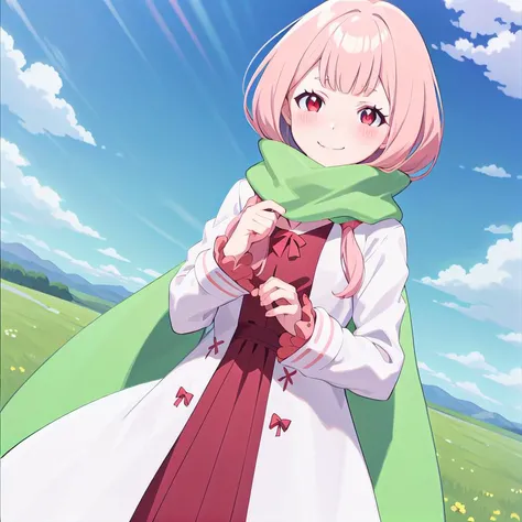 <lora:CarmillaV1-000015:1>, Carmilla,
( anime screencap:1.1),outdoors,field,(hill:1.6),,blue sky,
1girl, pink hair, solo, green scarf, cowboy shot,looking at viewer, smile, red eyes, long sleeves, bangs, long hair, closed mouth, holding, (frills:1.1),long ...