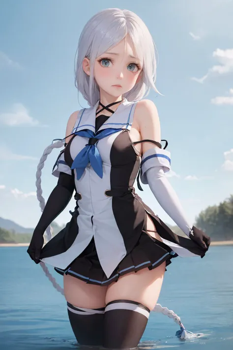 (masterpiece, best quality:1.2), <lyco:kancolle_umikaze-16:1.0>, cowboy shot, solo, 1girl, umikaze, expressionless, looking at viewer, wading, single braid, school uniform, serafuku, sleeveless, black skirt, black thighhighs, elbow gloves, bare shoulders