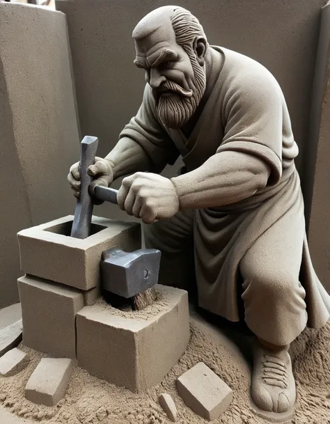 In a sand sculpture style,  <lora:Sand-Sculpture-Style-SCG:0.85>,, A dwarven blacksmith pounding molten metal on an anvil.