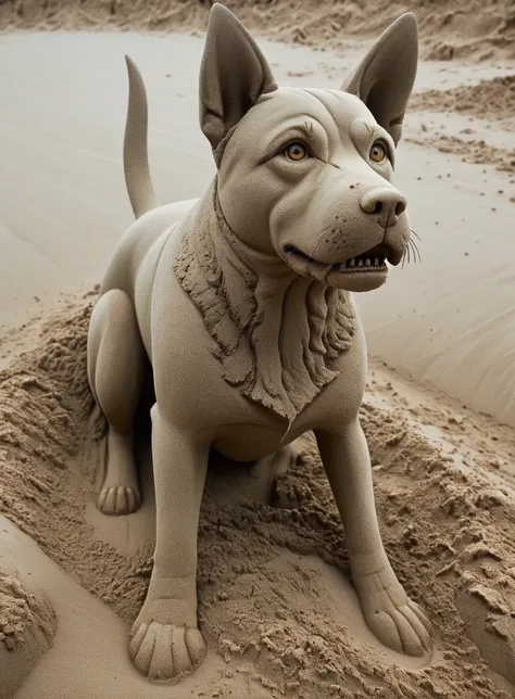 In a sand sculpture style,  <lora:Sand-Sculpture-Style-SCG:0.85>Dramatic award winning nature action photography of  dog hunting  in its natural environment