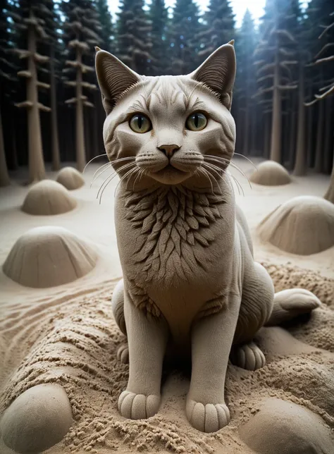 In a sand sculpture style,  <lora:Sand-Sculpture-Style-SCG:0.85>,, portrait portrait portrait, Dramatic, award winning nature action photography of  cat playing  in its natural environment during winter at twightlight, close up, bokeh, natural lighting, hi...