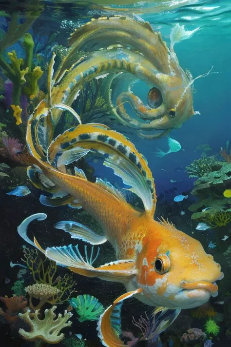 painting of a fish with a large octopus in the background