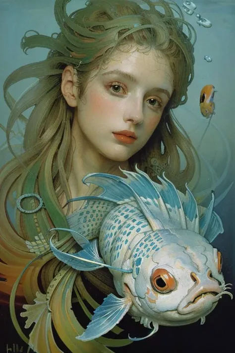 Masterpiece, oil painting of beautiful european woman with big koi, pretty face, hair like algae, underwater, jungle, hyperrealistic, 8k