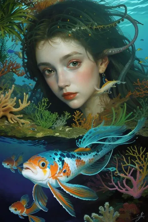 Masterpiece, oil painting of beautiful european woman with big koi, siren, pretty face, hair like algae and octopus, blue water, underwater, jungle, corals, sunshine, hyperrealistic, 8k