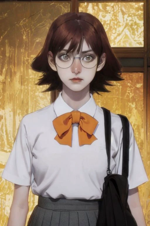 anime girl with glasses and a backpack standing in front of a door