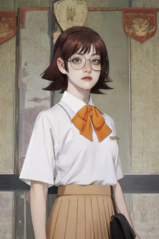 anime girl in a white shirt and brown skirt with a black purse