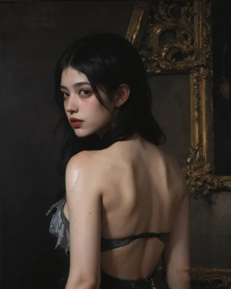 1girl,backlit, slate atmosphere, cinematic, dimmed colors, dark shot, muted colors, film grain, lut, spooky, fog, (oil painting:1.5), (amy sol:0.248), (stanley artgerm lau:0.106), (a detailed painting:0.353), (gothic art:0.106)