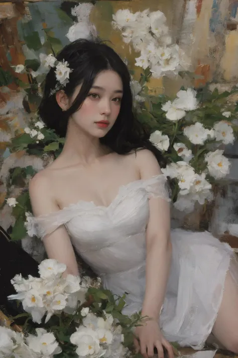 a painting of a woman in a white dress sitting on a bed of flowers