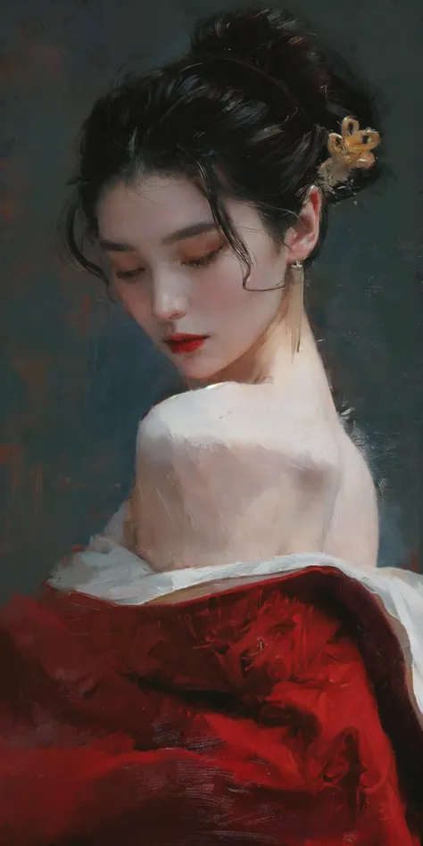 (oil painting, breasts :1.5),1girl,black hair,realistic,closed eyes,red background,upper body,collarbone,mole,japanese clothes,kimono,red lips,closed mouth,bare shoulders,hair ornament,medium breasts,off shoulder,undressing,mole on breast,lips,
<lora:Oil p...