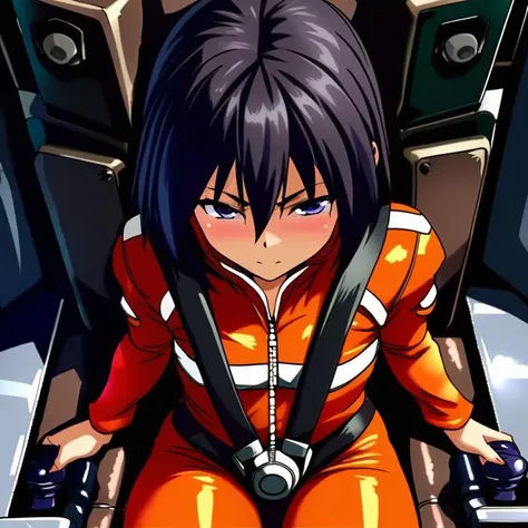 masterpiece,best quality,ultra detail,megumin, gundamwingcockpit,girl,face,black hair,face focus,sitting,joystick,seatbelt,(pilot suit), cowboy shot<lora:gundamwingcockpitXL2:0.8> from above