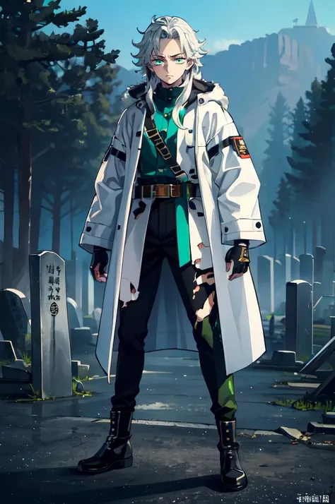 ultra detailed, masterpiece, best quality, solo, <lora:kny_v1:0.75>,
black and green theme, graveyard, 
1boy, teal eyes, <lora:Tsurime3:1>, (tsurime:1.2), parted bangs, white hair, medium hair, straight hair, shoulder-length hair, male focus,
coat, shirt, ...