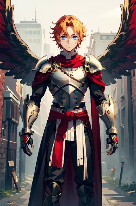 ultra detailed, masterpiece, best quality, solo, <lora:kny_v1:0.75>,
smile, red theme,
1boy, blue eyes, medium blonde hair, parted bangs, hair intakes, male focus, muscular male,
armor, pauldrons, cuirass, gauntlets, waist cape, greaves, black bodysuit, su...