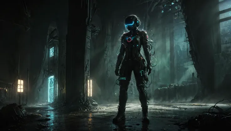 a woman in a futuristic suit stands in a dark room