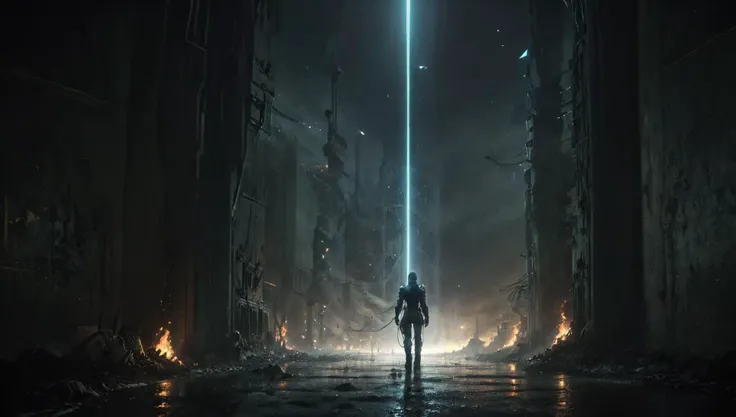 a man standing in a dark alley with a light beam above him