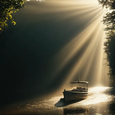 cinematic film still of  <lora:volumetric lighting:1> volumetric lighting style
a lake with a boat in it and sun shining through the trees,outdoors,sky,water,tree,no humans,sunlight,grass,nature,scenery,reflection,sunset,light rays , volumetric lighting, h...