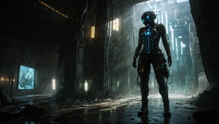 a woman in a futuristic suit stands in a dark room