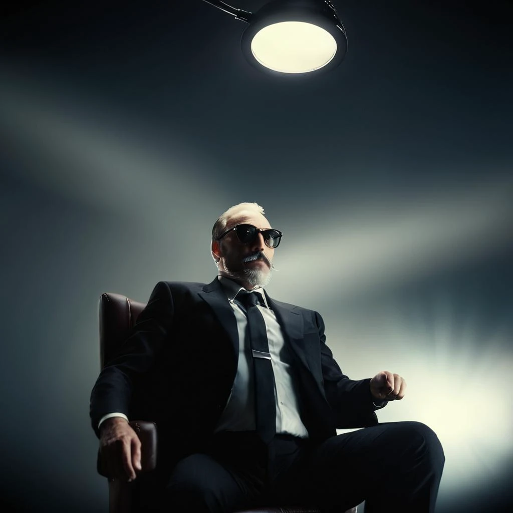 cinematic film still of  <lora:volumetric lighting:1> volumetric lighting style
low angle from below, a group of people sitting in chairs in a dark room with panchromatic circle white light above,shirt,sitting,male focus,multiple boys,necktie,glasses,facia...