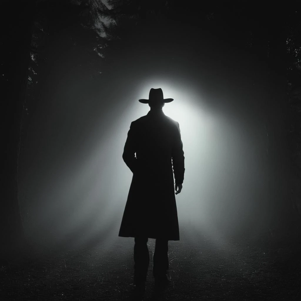 cinematic film still of  <lora:volumetric lighting:1> volumetric lighting style
a man in a classic cowboy hat and coat standing in a foggy forest at night in the dark,solo,1boy,hat,standing,monochrome,male focus,outdoors,sky,cloud,from behind,tree,scenery,...