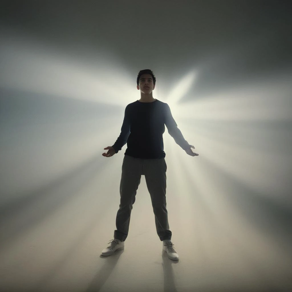 cinematic film still of  <lora:volumetric lighting:1> volumetric lighting style
a man standing in front of a large bright white ceiling light outdoors in a big field,solo,shirt,black hair,long sleeves,1boy,white shirt,male focus,indoors,crossed arms,scener...