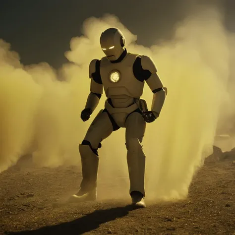 cinematic film still of  <lora:volumetric lighting:1> volumetric lighting style
an android droid man in a droid suit kneeling in the dust field with a lot of yellow smoke and haze in background,outdoors,glowing,robot,all fours,scenery,1other,science fictio...